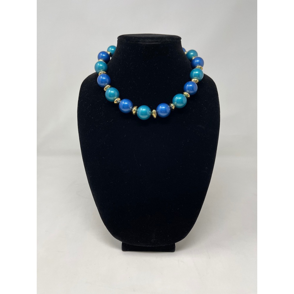 Vintage Chunky Blue Teal Pearlescent Bead Statement Necklace Gold Tone 18 Inch